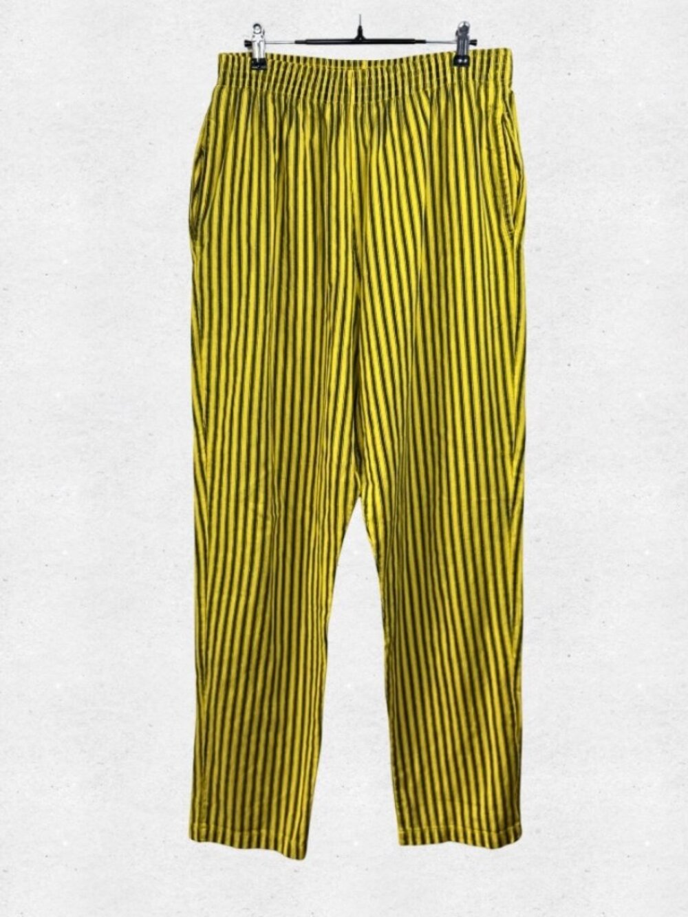 Vintage 90s Yellow Striped Pull On Cotton Ankle Pants Large Made In USA Boho